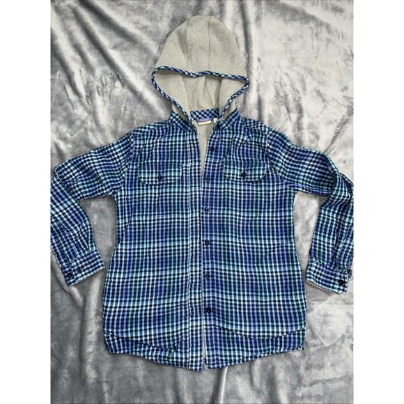 LL Bean Fleece Lined Flannel Hoodie Button Up Kids M 10-12 Blue Plaid - Picture 1 of 11